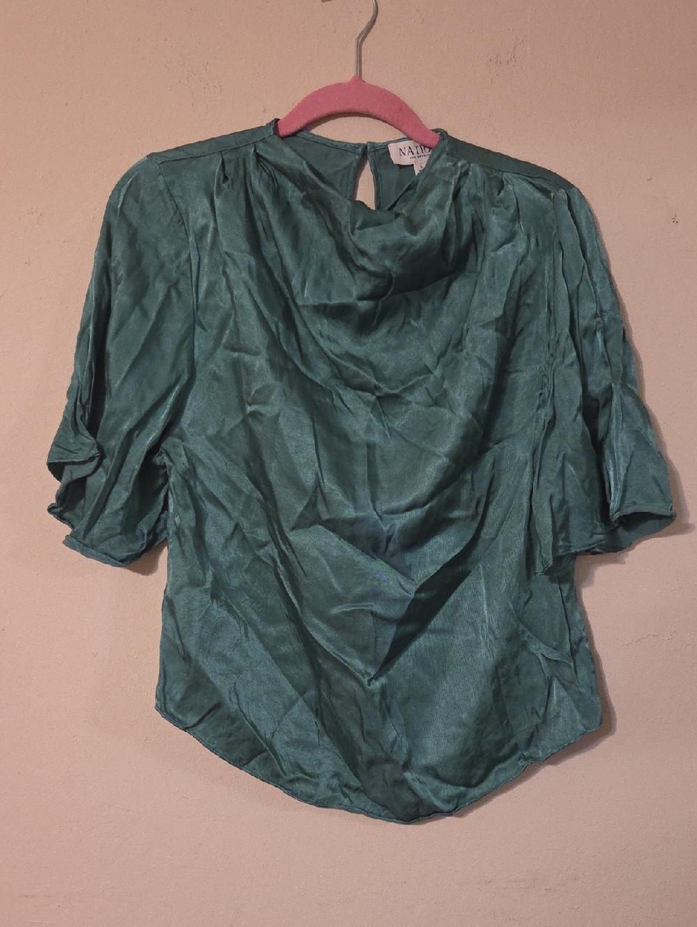 Teal Satin Draped Neck Short Sleeve Blouse